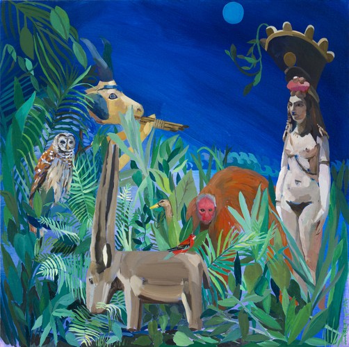 Adela Leibowitz, Isis and the goat-fish of Ea (Enki) , 20” x 20” , oil on canvas on panel, 2012.<br class=