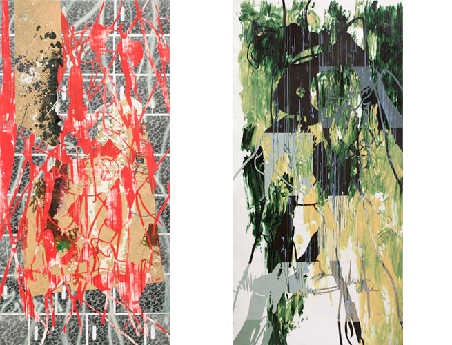 Arturo Herrera, (from left) # 44 DB3, 2006 , # 45 DF3, 2006Cut-out collage and mixed media on paper, 250 x 123 cmImages © Arturo Herrera, Courtesy Galerie Max Hetzler Arturo Herrera, (from left) # 44 DB3, 2006 , # 45 DF3, 2006<br class=