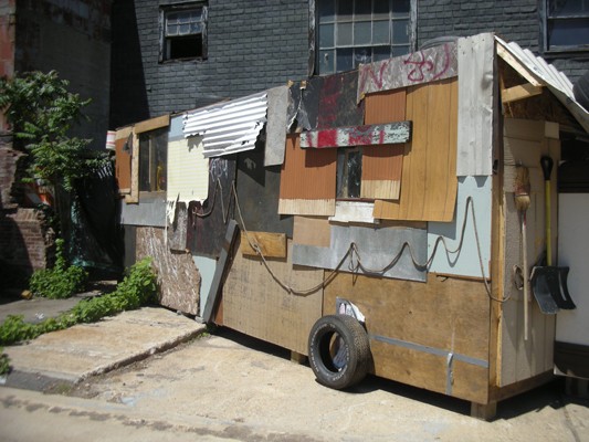 maison des cartes, 2009<br/>Mixed media, 9 x 24 x 10 feet<br/>Installation view, Brooklyn Navy Yard<br/>