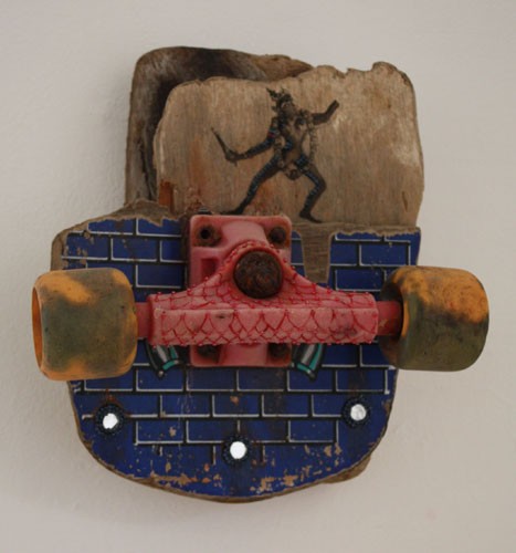 Goddess Kali's Skateboard<br/>Found Toy, acrylic paint, beads, mirrors<br/>